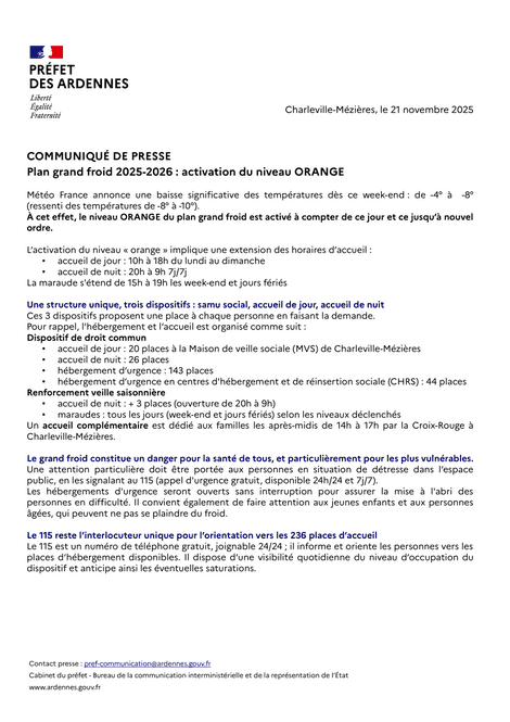 Plan grand froid 2025-2026 : activation du niveau ORANGE