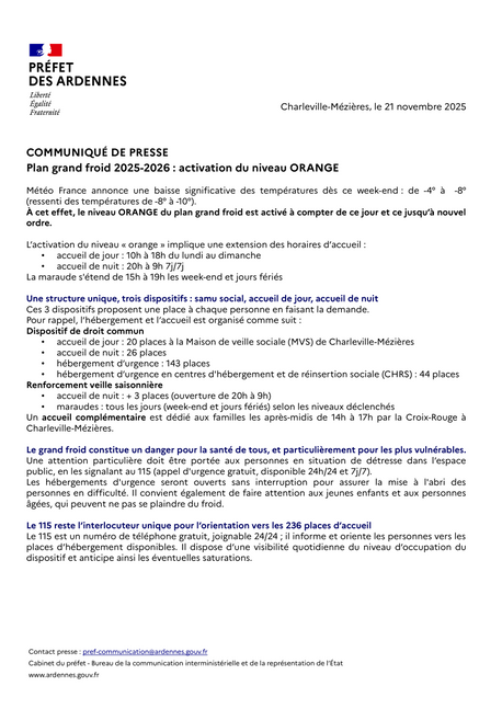 Plan grand froid 2025-2026 : activation du niveau ORANGE