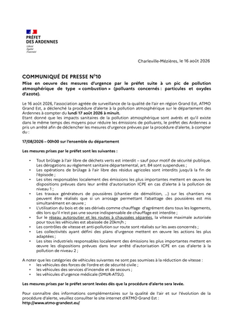 Communiqué N10 relatif à la mise en oeuvre de mesures d'urgence suite à un pic de pollution atmosphérique de type "combustion"