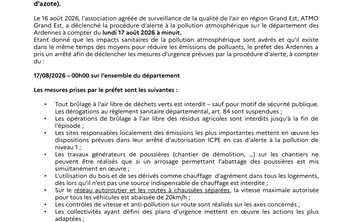 Communiqué N10 relatif à la mise en oeuvre de mesures d'urgence suite à un pic de pollution atmosphérique de type "combustion"