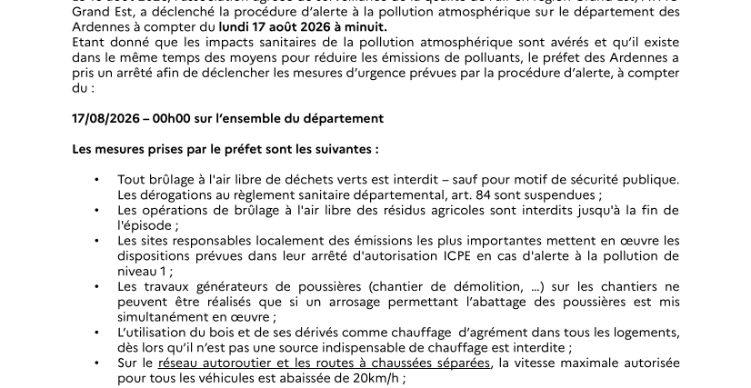 Communiqué N10 relatif à la mise en oeuvre de mesures d'urgence suite à un pic de pollution atmosphérique de type "combustion"