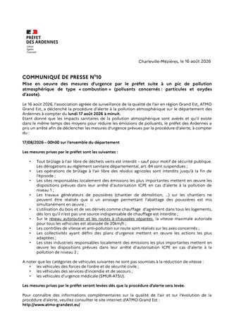 Communiqué N10 relatif à la mise en oeuvre de mesures d'urgence suite à un pic de pollution atmosphérique de type "combustion"