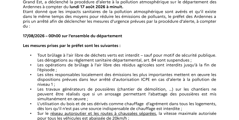 Communiqué N10 relatif à la mise en oeuvre de mesures d'urgence suite à un pic de pollution atmosphérique de type "combustion"
