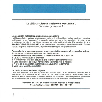 Téléconsultation assistée à la pharmacie DEPRET de Gespunsart Téléconsultation assistée à la pharmacie DEPRET de Gespunsart